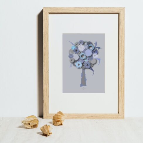 blue round tree small poster in a wooden frame