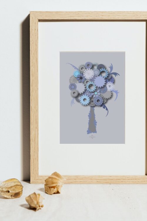 blue round tree small poster in a wooden frame