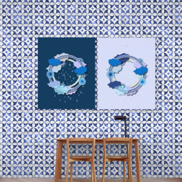 bue sky hoop framed posters duo in an empty study