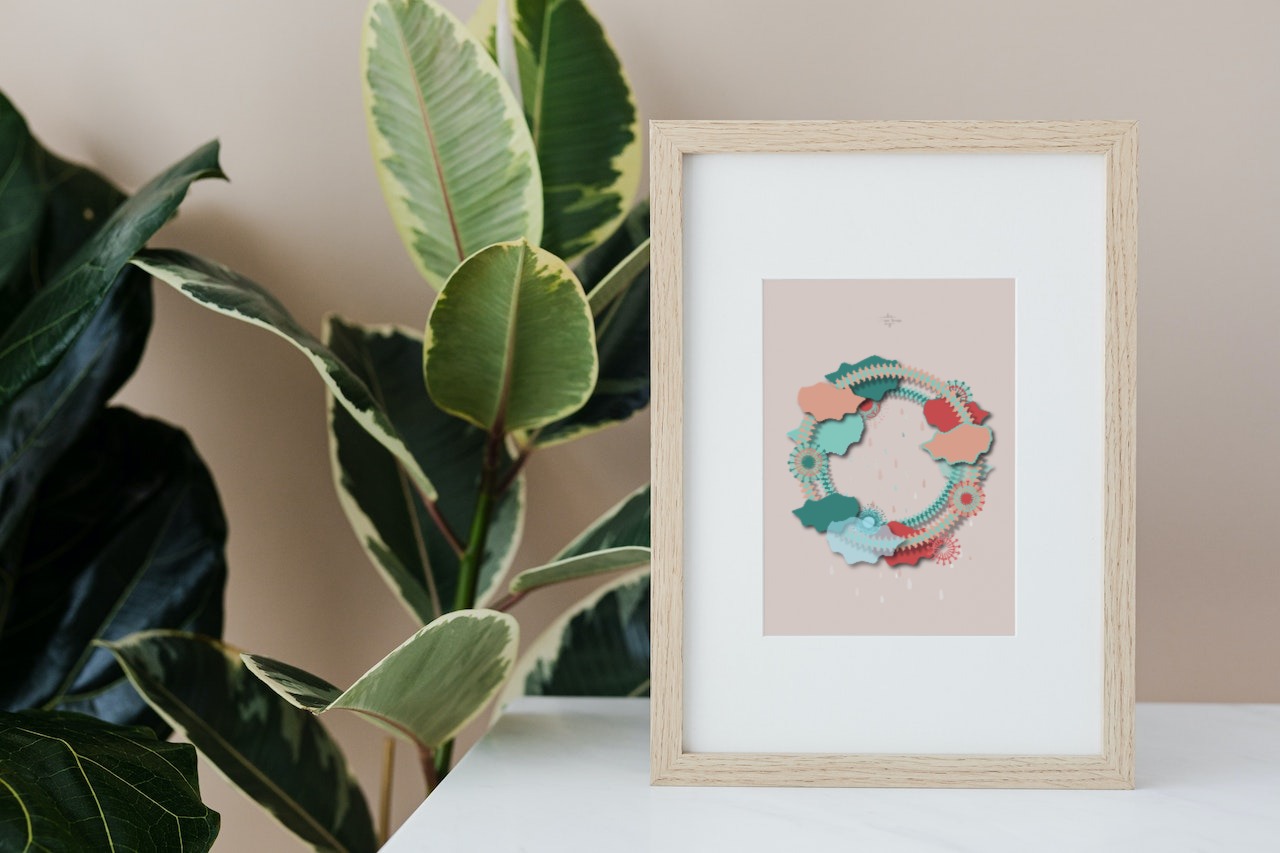 red and green sky hoop poster in wooden frame