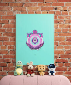 mint boy cat wall art with Collection_of_soft_toy_animals_on_sofa