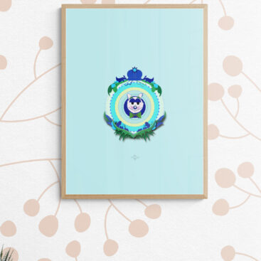 blue dad cat poster in a scandinavian dining room