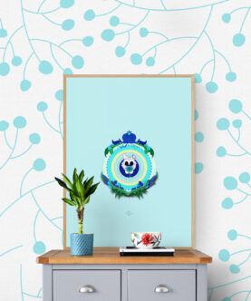 blue baby cat framed poster decoration against flowery wallpaper