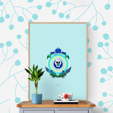 blue baby cat framed poster decoration against flowery wallpaper