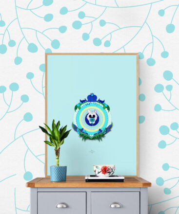 blue baby cat framed poster decoration against flowery wallpaper