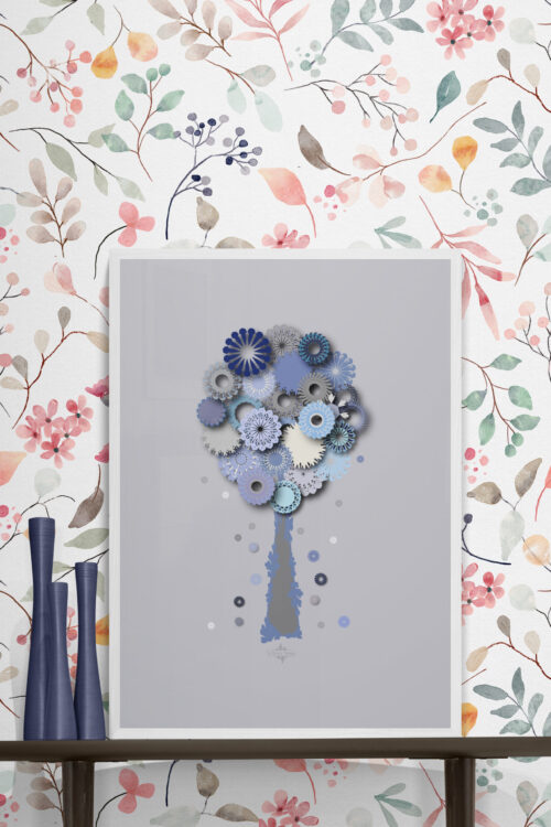 blue blessing poster in white frame against floral cute wallpaper