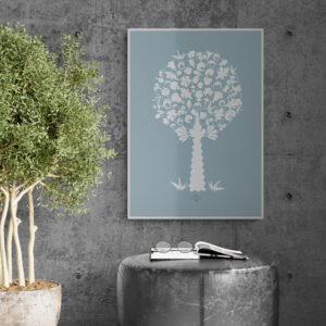 blue white medley tree poster in a stylish home space