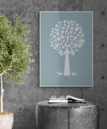 blue white medley tree poster in a stylish home space