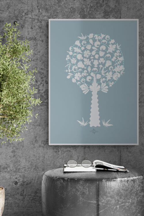blue white medley tree poster in a stylish home space