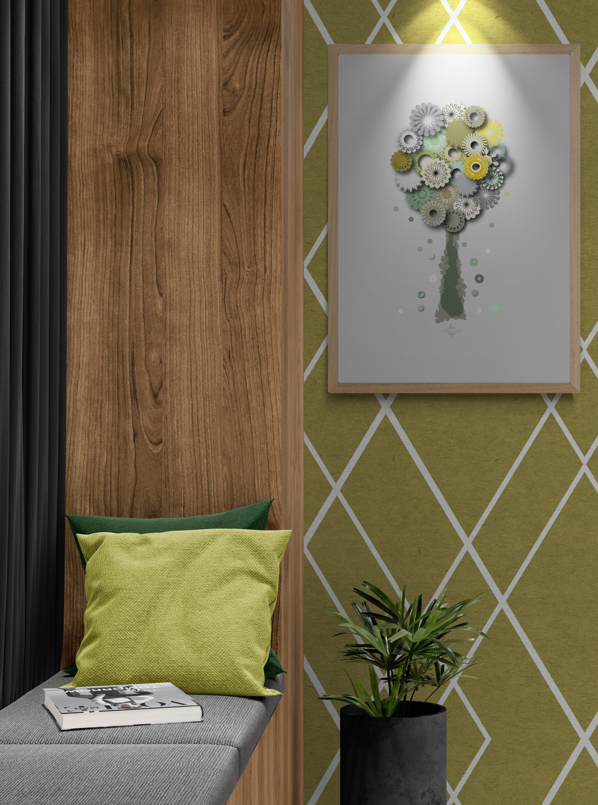 green blessing tree framed poster in a cosy green corner