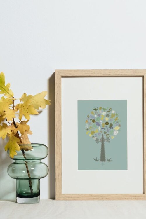 green medley tree small poster in a wooden frame