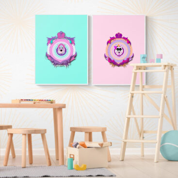 mint boy and girl cats wall decor in spacious kids playroom