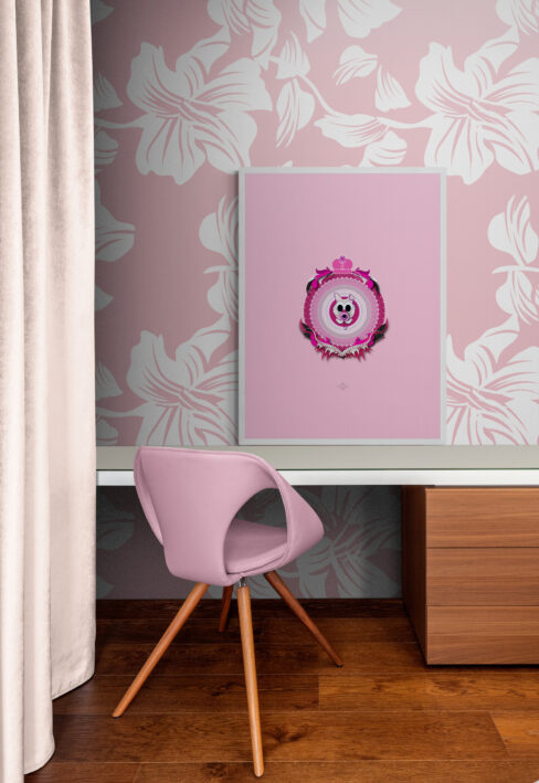 magenta baby cat in white frame decoration in a lovely study