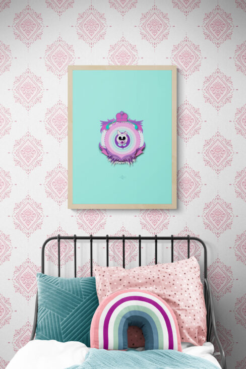 mint baby cat wall art in Colorful_kids_bed_with_cushions