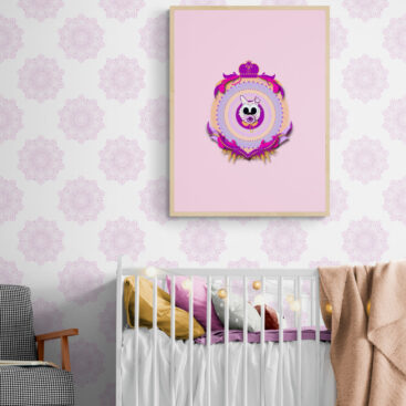 pink baby cat poster in white-wooden-cot-and-chair-in-nursery