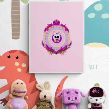 pink baby cat poster with collection-of-soft-toy-animals-on-sofa