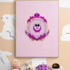 pink dad cat framed poster above collection of funny soft toys