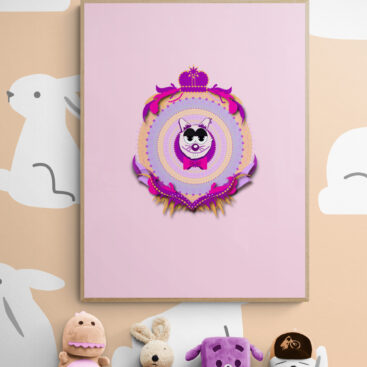 pink dad cat framed poster above collection of funny soft toys