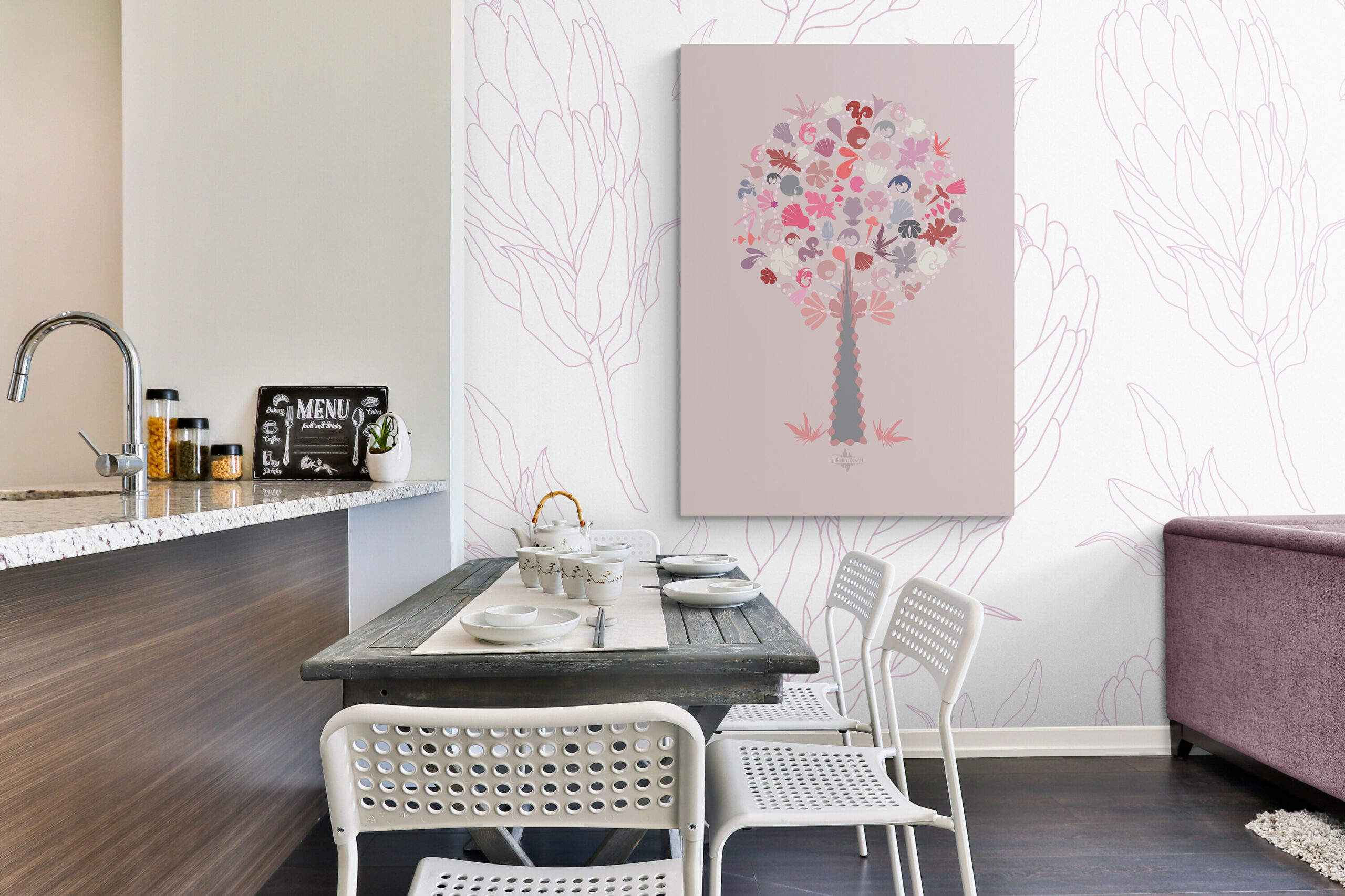 pink medley tree poster i a kitchen and dining
