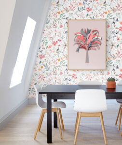 pink palm tree poster with floral wallpaper