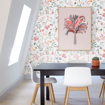 pink palm tree poster with floral wallpaper