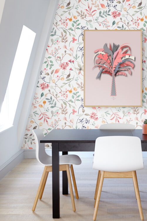 pink palm tree poster with floral wallpaper