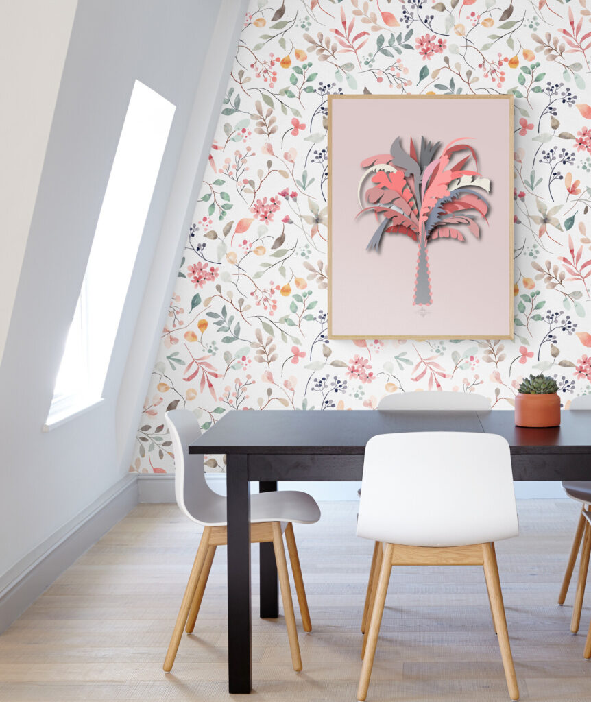 pink palm tree poster with floral wallpaper