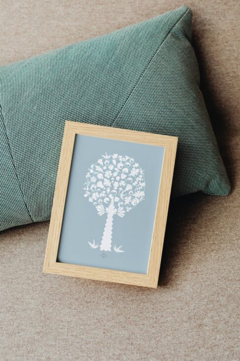 white blue medley tree small poster in a wooden frame
