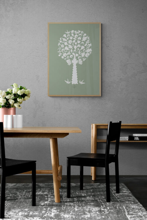 white green medley tree in a styling dining space