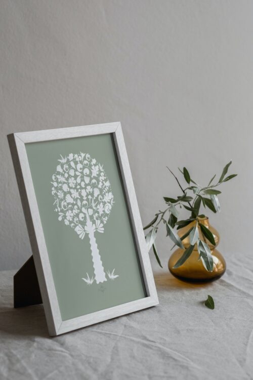 white green medley tree small poster in a white frame