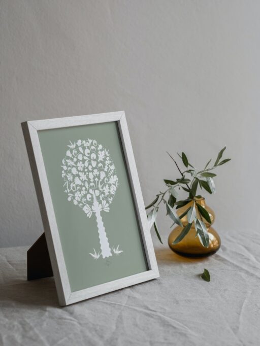 white green medley tree small poster in a white frame