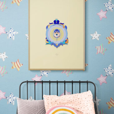 yellow boy cat poster in a colourful kids bedroom