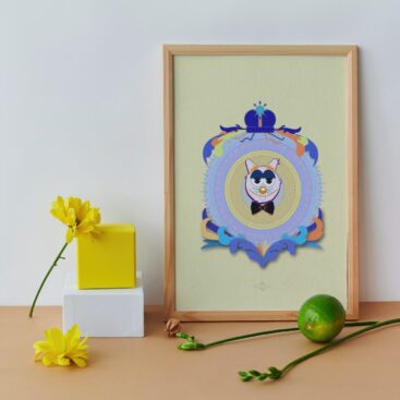 yellow dad cat poster in wooden frame