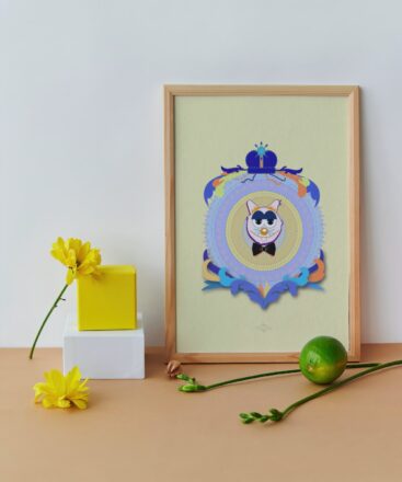 yellow dad cat poster in wooden frame