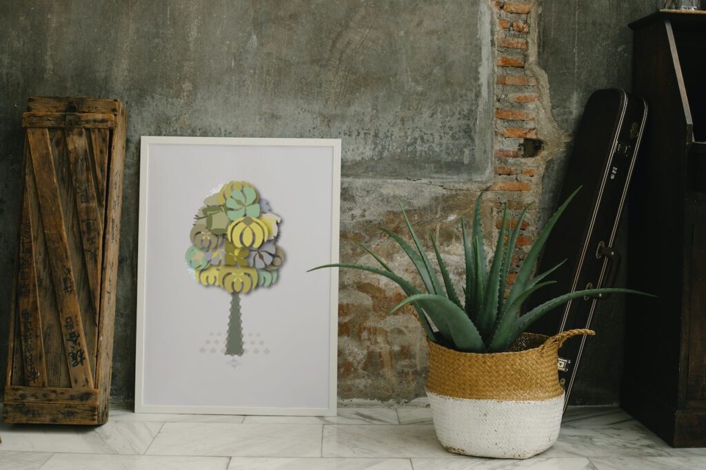 green geometrical tree small poster in white frame