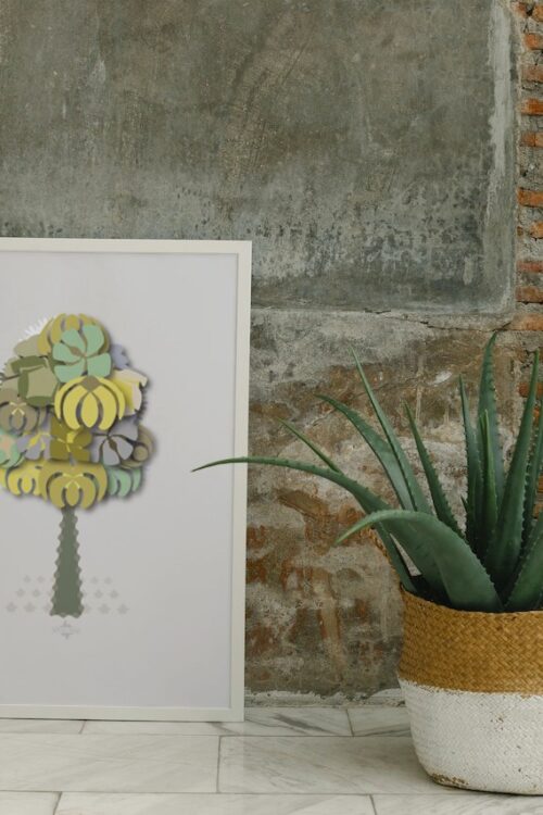 green geometrical tree small poster in white frame