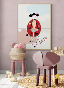 lola in the sky poster in kids-playroom-with-wooden-toys-and-furniture