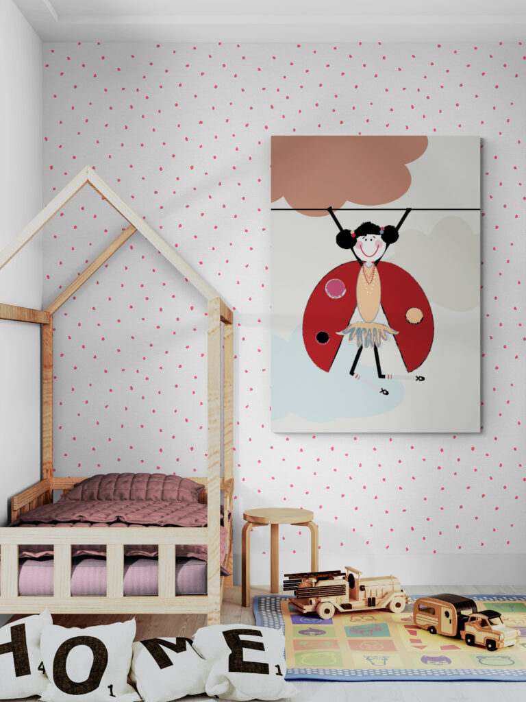 lola hanging poster in kids-bedroom-with-house-bed-frame.
