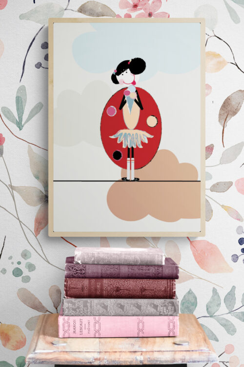 lola and ice-cream poster on stack-of-books-on-wooden-stool