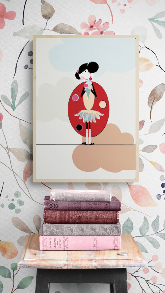 lola and ice-cream poster on stack-of-books-on-wooden-stool