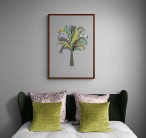 green palm tree wall art in bedroom