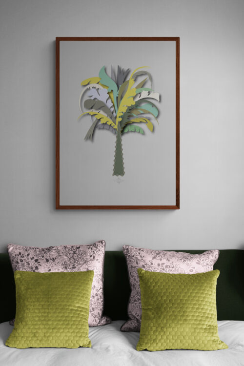 green palm tree wall art in bedroom