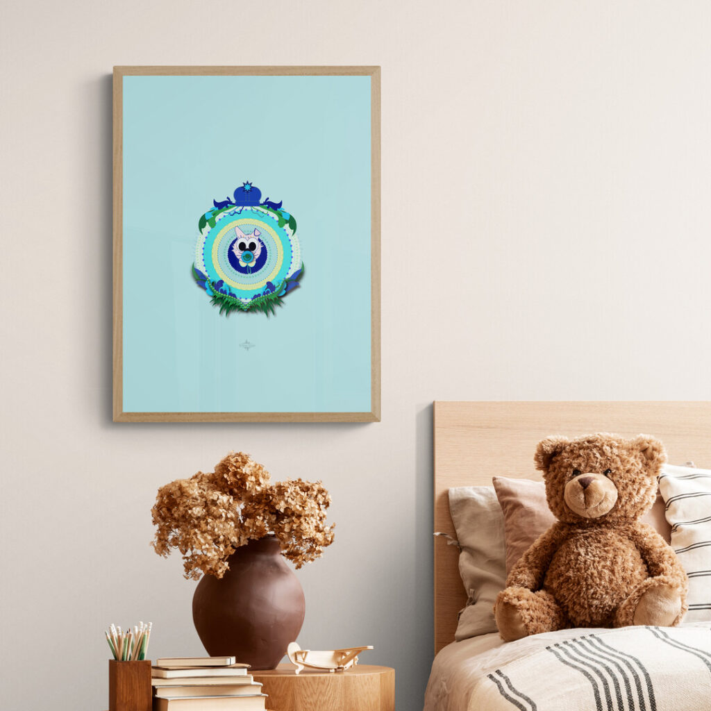 blue mint cat poster in Cosy_natural_Bedroom