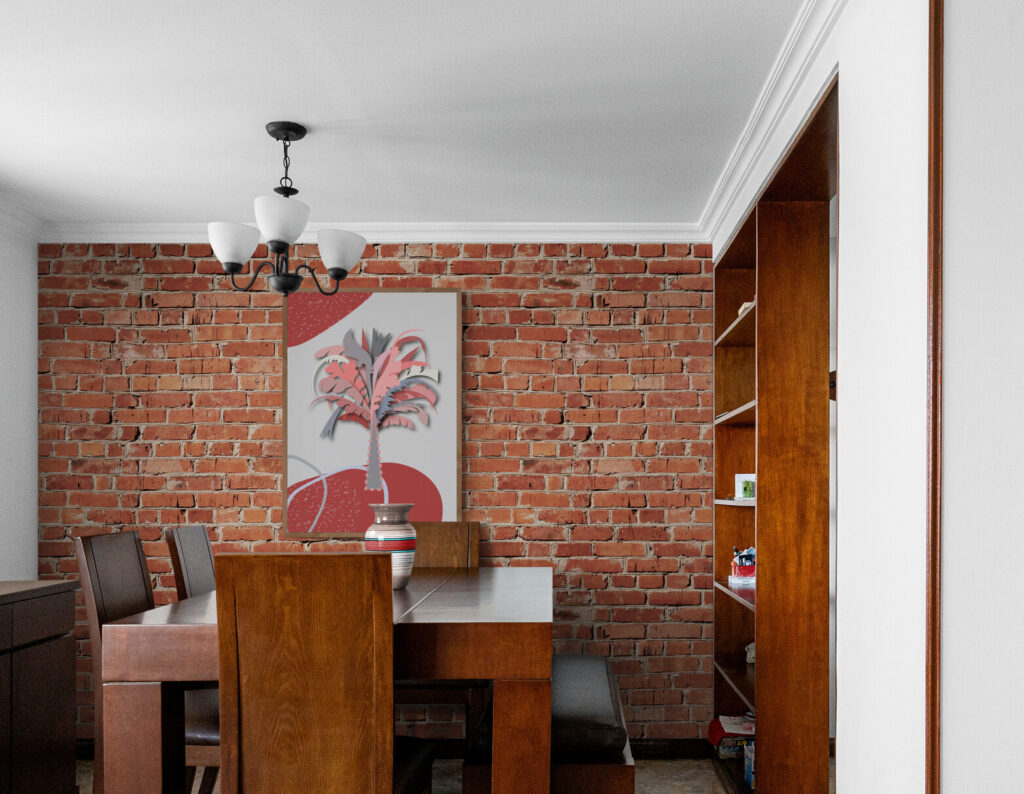 pink palm tree wall art in Dining_room_with_solid_wood_furniture