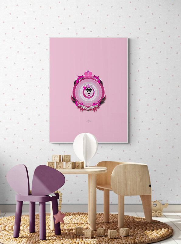 magenta girl cat poster in Kids_playroom_with_wooden_toys_and_furniture