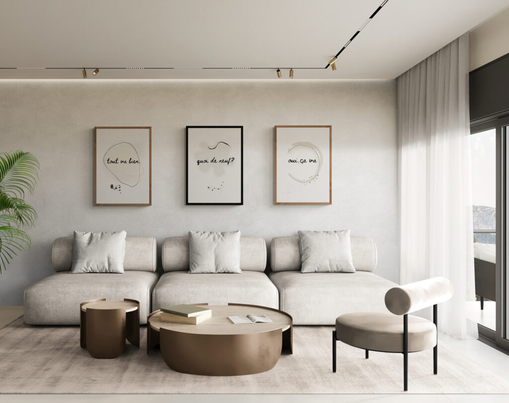 french collection of wall art in a Stylish_bright_living_room