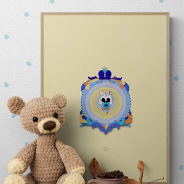 yellow baby cat poster with Teddy_bear_on_wooden_shelf