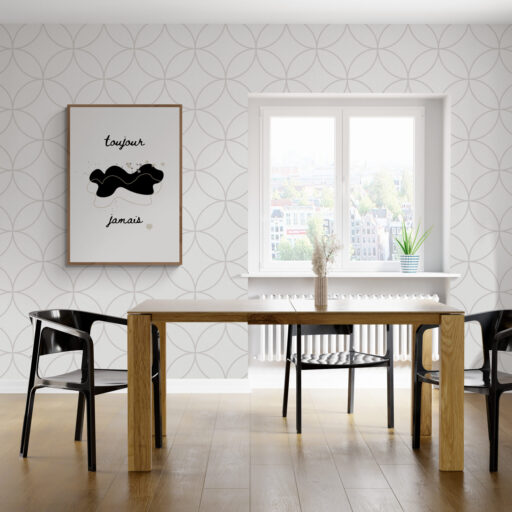 toujour jamais wall art in a spacious dining room