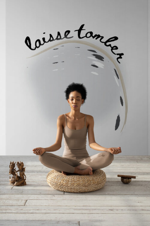 laisse tomber french wallart with young-woman-meditating-in-lotus-position-