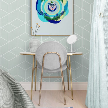 Blue Supersister poster in girls bedroom with vanity